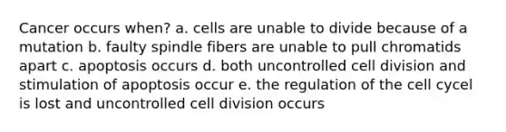 Cancer occurs when? a. cells are unable to divide because of a mutation b. faulty spindle fibers are unable to pull chromatids apart c. apoptosis occurs d. both uncontrolled cell division and stimulation of apoptosis occur e. the regulation of the cell cycel is lost and uncontrolled cell division occurs