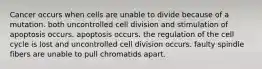 Cancer occurs when cells are unable to divide because of a mutation. both uncontrolled cell division and stimulation of apoptosis occurs. apoptosis occurs. the regulation of the cell cycle is lost and uncontrolled cell division occurs. faulty spindle fibers are unable to pull chromatids apart.