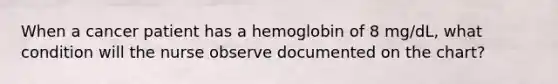 When a cancer patient has a hemoglobin of 8 mg/dL, what condition will the nurse observe documented on the chart?