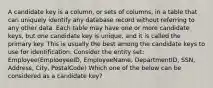 A candidate key is a column, or sets of columns, in a table that can uniquely identify any database record without referring to any other data. Each table may have one or more candidate keys, but one candidate key is unique, and it is called the primary key. This is usually the best among the candidate keys to use for identification. Consider the entity set: Employee(EmplooyeeID, EmployeeName, DepartmentID, SSN, Address, City, PostalCode) Which one of the below can be considered as a candidate key?