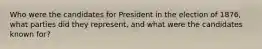 Who were the candidates for President in the election of 1876, what parties did they represent, and what were the candidates known for?