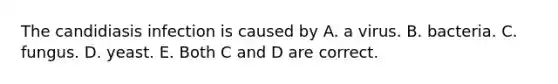 The candidiasis infection is caused by A. a virus. B. bacteria. C. fungus. D. yeast. E. Both C and D are correct.