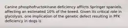 Canine phosphofructokinase deficiency afflicts Springer spaniels, affecting an estimated 10% of the breed. Given its critical role in glycolysis, one implication of the genetic defect resulting in PFK deficiency in dogs is