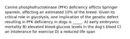 Canine phosphofructokinase (PFK) deficiency afflicts Springer spaniels, affecting an estimated 10% of the breed. Given its critical role in glycolysis, one implication of the genetic defect resulting in PFK deficiency in dogs is _____. A) early embryonic mortality B) elevated blood-glucose levels in the dog's blood C) an intolerance for exercise D) a reduced life span