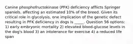 Canine phosphofructokinase (PFK) deficiency afflicts Springer spaniels, affecting an estimated 10% of the breed. Given its critical role in glycolysis, one implication of the genetic defect resulting in PFK deficiency in dogs is _____. Question 56 options: 1) early embryonic mortality 2) elevated blood-glucose levels in the dog's blood 3) an intolerance for exercise 4) a reduced life span