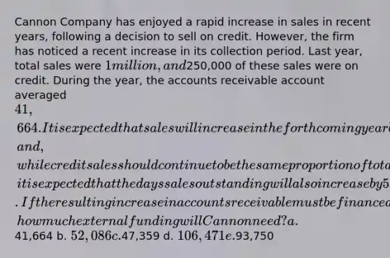 Cannon Company has enjoyed a rapid increase in sales in recent years, following a decision to sell on credit. However, the firm has noticed a recent increase in its collection period. Last year, total sales were 1 million, and250,000 of these sales were on credit. During the year, the accounts receivable account averaged 41,664. It is expected that sales will increase in the forthcoming year by 50 percent, and, while credit sales should continue to be the same proportion of total sales, it is expected that the days sales outstanding will also increase by 50 percent. If the resulting increase in accounts receivable must be financed by external funds, how much external funding will Cannon need? a.41,664 b. 52,086 c.47,359 d. 106,471 e.93,750