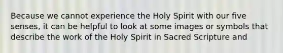 Because we cannot experience the Holy Spirit with our five senses, it can be helpful to look at some images or symbols that describe the work of the Holy Spirit in Sacred Scripture and