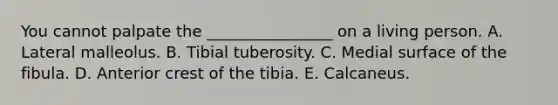 You cannot palpate the ________________ on a living person. A. Lateral malleolus. B. Tibial tuberosity. C. Medial surface of the fibula. D. Anterior crest of the tibia. E. Calcaneus.