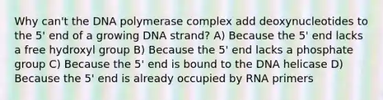 Why can't the DNA polymerase complex add deoxynucleotides to the 5' end of a growing DNA strand? A) Because the 5' end lacks a free hydroxyl group B) Because the 5' end lacks a phosphate group C) Because the 5' end is bound to the DNA helicase D) Because the 5' end is already occupied by RNA primers