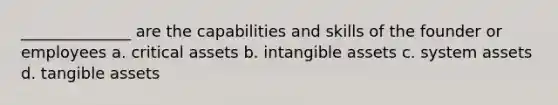 ______________ are the capabilities and skills of the founder or employees a. critical assets b. intangible assets c. system assets d. tangible assets