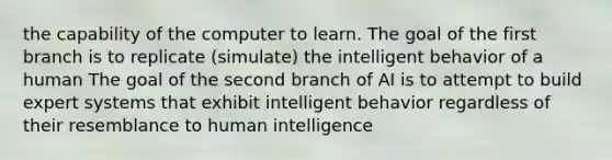 the capability of the computer to learn. The goal of the first branch is to replicate (simulate) the intelligent behavior of a human The goal of the second branch of AI is to attempt to build expert systems that exhibit intelligent behavior regardless of their resemblance to human intelligence