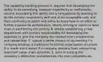 The capability-building process A. requires first developing the ability to do something, however imperfectly or inefficiently; second, translating this ability into a competence by learning to do the activity consistently well and at an acceptable cost; and then continuing to polish and refine its know-how in an effort to further improve its performance, ideally striving to match or beat rivals in performing the activity. B. entails establishing a new department with primary responsibility for developing the expertise to give the company the needed core competencies and capabilities. C. stands a better chance of succeeding if a company employs a traditional functional organization structure. D is made much easier if a company abstains from outsourcing important value chain activities. E. aims at turning the company's distinctive competencies into core competencies.