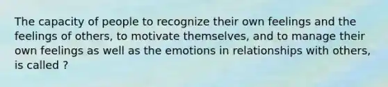 The capacity of people to recognize their own feelings and the feelings of others, to motivate themselves, and to manage their own feelings as well as the emotions in relationships with others, is called ?