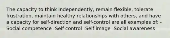 The capacity to think independently, remain flexible, tolerate frustration, maintain healthy relationships with others, and have a capacity for self-direction and self-control are all examples of: -Social competence -Self-control -Self-image -Social awareness