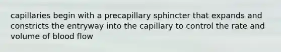 capillaries begin with a precapillary sphincter that expands and constricts the entryway into the capillary to control the rate and volume of blood flow