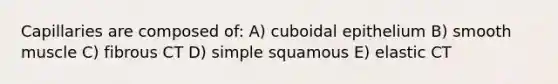 Capillaries are composed of: A) cuboidal epithelium B) smooth muscle C) fibrous CT D) simple squamous E) elastic CT