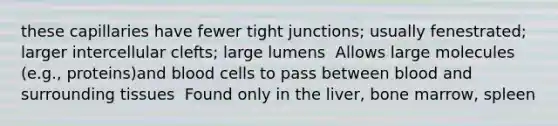 these capillaries have fewer tight junctions; usually fenestrated; larger intercellular clefts; large lumens​ ​ Allows large molecules (e.g., proteins)and blood cells to pass between blood and surrounding tissues​ ​ Found only in the liver, bone marrow, spleen