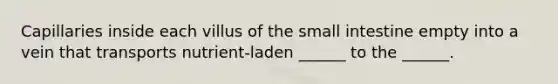 Capillaries inside each villus of the small intestine empty into a vein that transports nutrient-laden ______ to the ______.