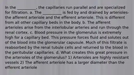 In the __________, the capillaries run parallel and are specialized for filtration. a. The __________ is fed by and drained by arterioles-the afferent arteriole and the efferent arteriole. This is different from all other capillary beds in the body. b. The afferent arterioles arise from the interlobular arteries and run through the renal cortex. c. Blood pressure in the glomerulus is extremely high for a capillary bed. This pressure forces fluid and solutes out of the blood into the glomerular capusule. Much of this filtrate is reabsorbed by the renal tubule cells and returned to the blood in the peritubular capillaries. d. What creates this great pressure in the arterioles of the glomerulus? 1) Arterioles are highly resistant vessels 2) The afferent arteriole has a larger diameter than the efferent arteriole