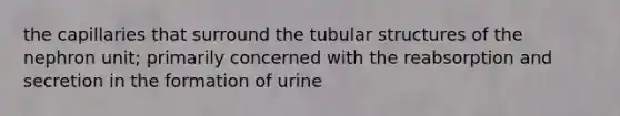 the capillaries that surround the tubular structures of the nephron unit; primarily concerned with the reabsorption and secretion in the formation of urine