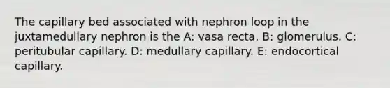 The capillary bed associated with nephron loop in the juxtamedullary nephron is the A: vasa recta. B: glomerulus. C: peritubular capillary. D: medullary capillary. E: endocortical capillary.