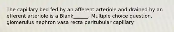 The capillary bed fed by an afferent arteriole and drained by an efferent arteriole is a Blank______. Multiple choice question. glomerulus nephron vasa recta peritubular capillary