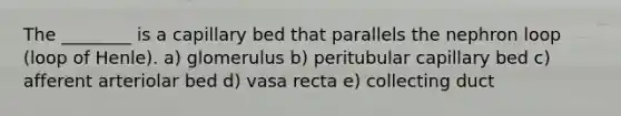 The ________ is a capillary bed that parallels the nephron loop (loop of Henle). a) glomerulus b) peritubular capillary bed c) afferent arteriolar bed d) vasa recta e) collecting duct