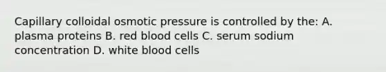 Capillary colloidal osmotic pressure is controlled by the: A. plasma proteins B. red blood cells C. serum sodium concentration D. white blood cells