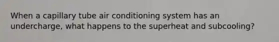 When a capillary tube air conditioning system has an undercharge, what happens to the superheat and subcooling?