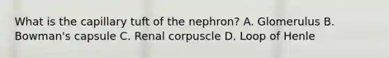 What is the capillary tuft of the nephron? A. Glomerulus B. Bowman's capsule C. Renal corpuscle D. Loop of Henle