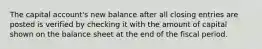 The capital account's new balance after all closing entries are posted is verified by checking it with the amount of capital shown on the balance sheet at the end of the fiscal period.