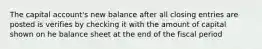 The capital account's new balance after all closing entries are posted is verifies by checking it with the amount of capital shown on he balance sheet at the end of the fiscal period