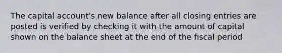 The capital account's new balance after all closing entries are posted is verified by checking it with the amount of capital shown on the balance sheet at the end of the fiscal period