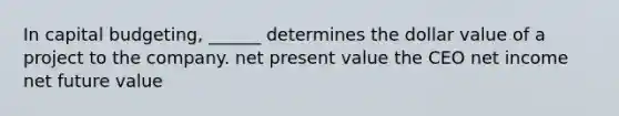 In capital budgeting, ______ determines the dollar value of a project to the company. net present value the CEO net income net future value