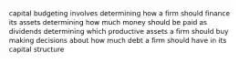 capital budgeting involves determining how a firm should finance its assets determining how much money should be paid as dividends determining which productive assets a firm should buy making decisions about how much debt a firm should have in its capital structure