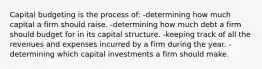 Capital budgeting is the process of: -determining how much capital a firm should raise. -determining how much debt a firm should budget for in its capital structure. -keeping track of all the revenues and expenses incurred by a firm during the year. -determining which capital investments a firm should make.