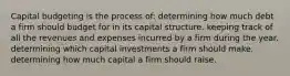 Capital budgeting is the process of: determining how much debt a firm should budget for in its capital structure. keeping track of all the revenues and expenses incurred by a firm during the year. determining which capital investments a firm should make. determining how much capital a firm should raise.