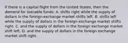 If there is a capital flight from the United States, then the demand for loanable funds: A. shifts right while the supply of dollars in the foreign-exchange market shifts left. B. shifts left while the supply of dollars in the foreign-exchange market shifts right. C. and the supply of dollars in the foreign exchange market shift left. D. and the supply of dollars in the foreign exchange market shift right.