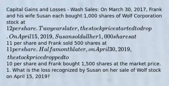 Capital Gains and Losses - Wash Sales: On March 30, 2017, Frank and his wife Susan each bought 1,000 shares of Wolf Corporation stock at 12 per share. Two years later, the stock price started to drop. On April 15, 2019, Susan sold all her 1,000 shares at11 per share and Frank sold 500 shares at 11 per share. Half a month later, on April 30, 2019, the stock price dropped to10 per share and Frank bought 1,500 shares at the market price. 1. What is the loss recognized by Susan on her sale of Wolf stock on April 15, 2019?