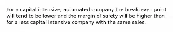 For a capital intensive, automated company the break-even point will tend to be lower and the margin of safety will be higher than for a less capital intensive company with the same sales.