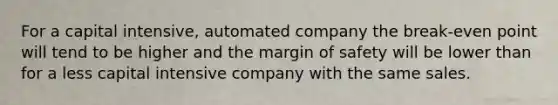 For a capital intensive, automated company the break-even point will tend to be higher and the margin of safety will be lower than for a less capital intensive company with the same sales.