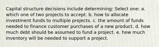 Capital structure decisions include determining: Select one: a. which one of two projects to accept. b. how to allocate investment funds to multiple projects. c. the amount of funds needed to finance customer purchases of a new product. d. how much debt should be assumed to fund a project. e. how much inventory will be needed to support a project.