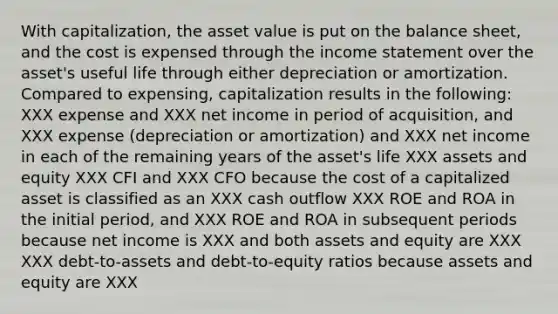 With capitalization, the asset value is put on the balance sheet, and the cost is expensed through the income statement over the asset's useful life through either depreciation or amortization. Compared to expensing, capitalization results in the following: XXX expense and XXX net income in period of acquisition, and XXX expense (depreciation or amortization) and XXX net income in each of the remaining years of the asset's life XXX assets and equity XXX CFI and XXX CFO because the cost of a capitalized asset is classified as an XXX cash outflow XXX ROE and ROA in the initial period, and XXX ROE and ROA in subsequent periods because net income is XXX and both assets and equity are XXX XXX debt-to-assets and debt-to-equity ratios because assets and equity are XXX