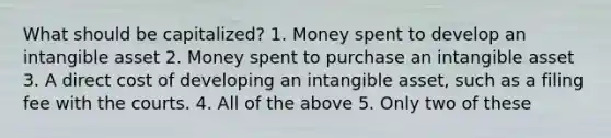 What should be capitalized? 1. Money spent to develop an intangible asset 2. Money spent to purchase an intangible asset 3. A direct cost of developing an intangible asset, such as a filing fee with the courts. 4. All of the above 5. Only two of these