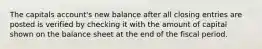 The capitals account's new balance after all closing entries are posted is verified by checking it with the amount of capital shown on the balance sheet at the end of the fiscal period.