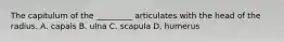 The capitulum of the _________ articulates with the head of the radius. A. capals B. ulna C. scapula D. humerus