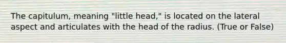 The capitulum, meaning "little head," is located on the lateral aspect and articulates with the head of the radius. (True or False)