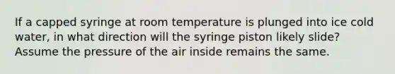 If a capped syringe at room temperature is plunged into ice cold water, in what direction will the syringe piston likely slide? Assume the pressure of the air inside remains the same.