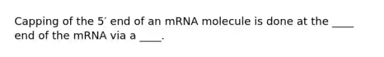 Capping of the 5′ end of an mRNA molecule is done at the ____ end of the mRNA via a ____.