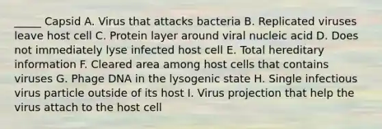 _____ Capsid A. Virus that attacks bacteria B. Replicated viruses leave host cell C. Protein layer around viral nucleic acid D. Does not immediately lyse infected host cell E. Total hereditary information F. Cleared area among host cells that contains viruses G. Phage DNA in the lysogenic state H. Single infectious virus particle outside of its host I. Virus projection that help the virus attach to the host cell